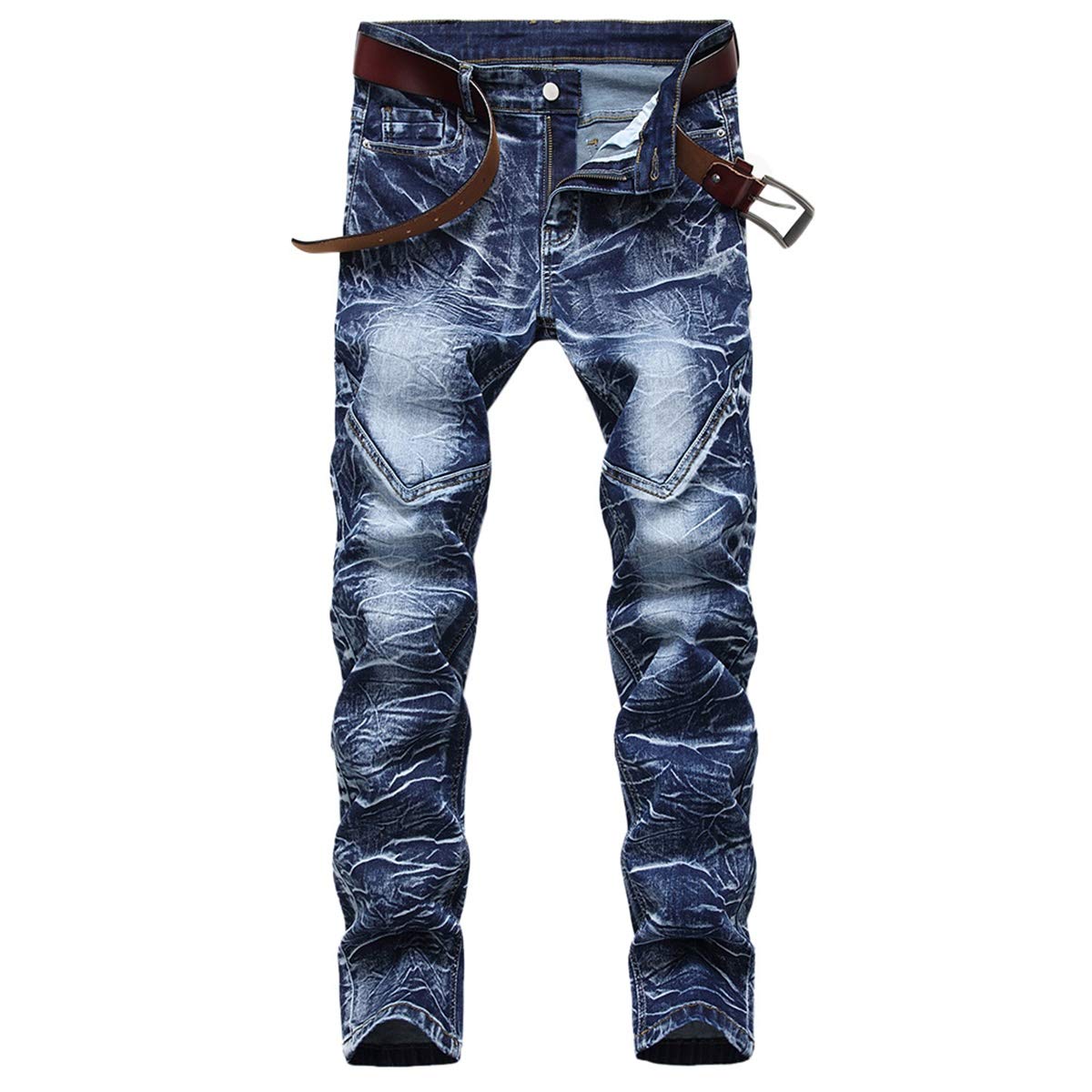 YFFUSHI Men's Distressed Ripped Jeans Long Straight Slim Fit Denim Jeans Casual Pants Trousers Blue 1