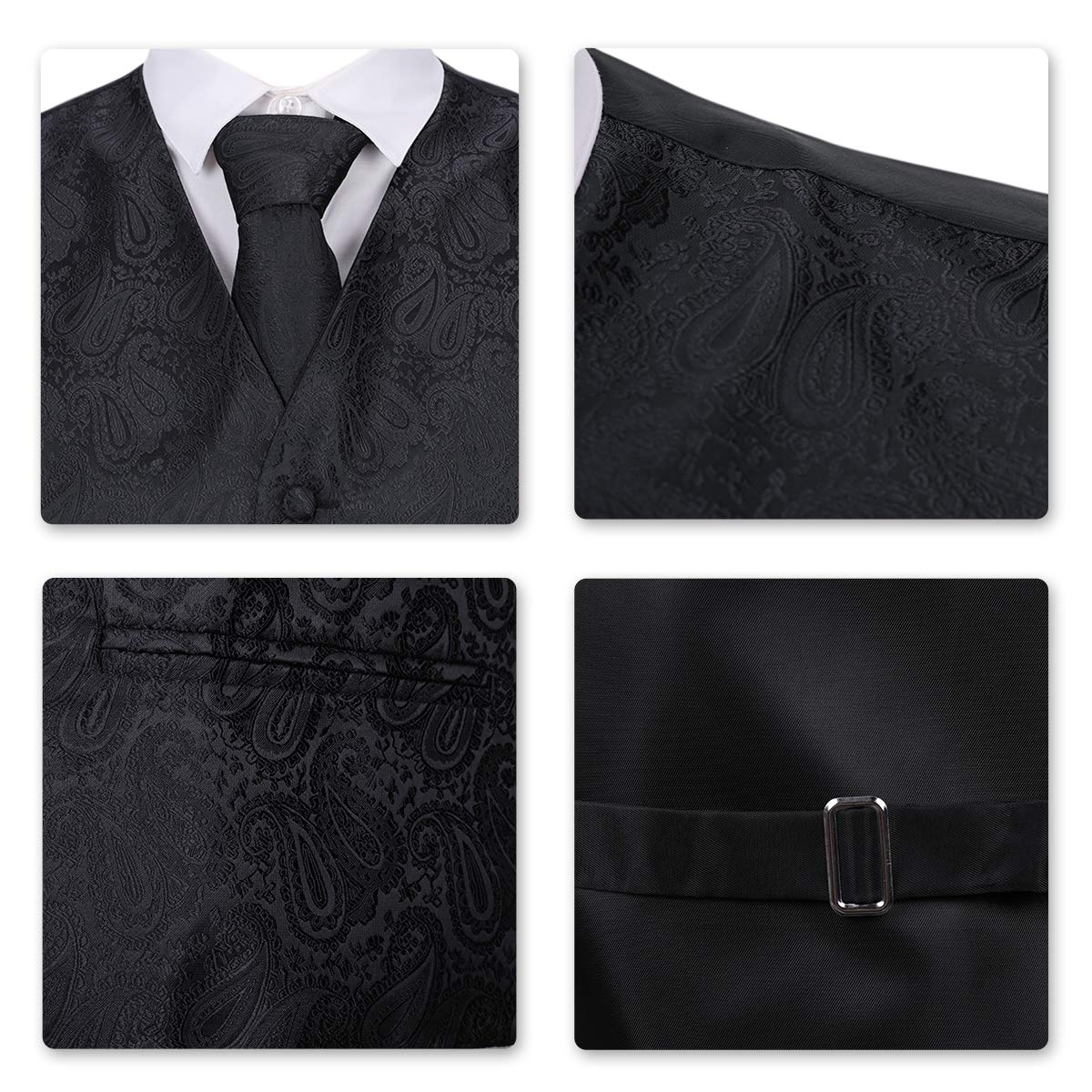 YFFUSHI Men's 3pc Vest Set Floral Waistcoat Necktie Pocket Square Black