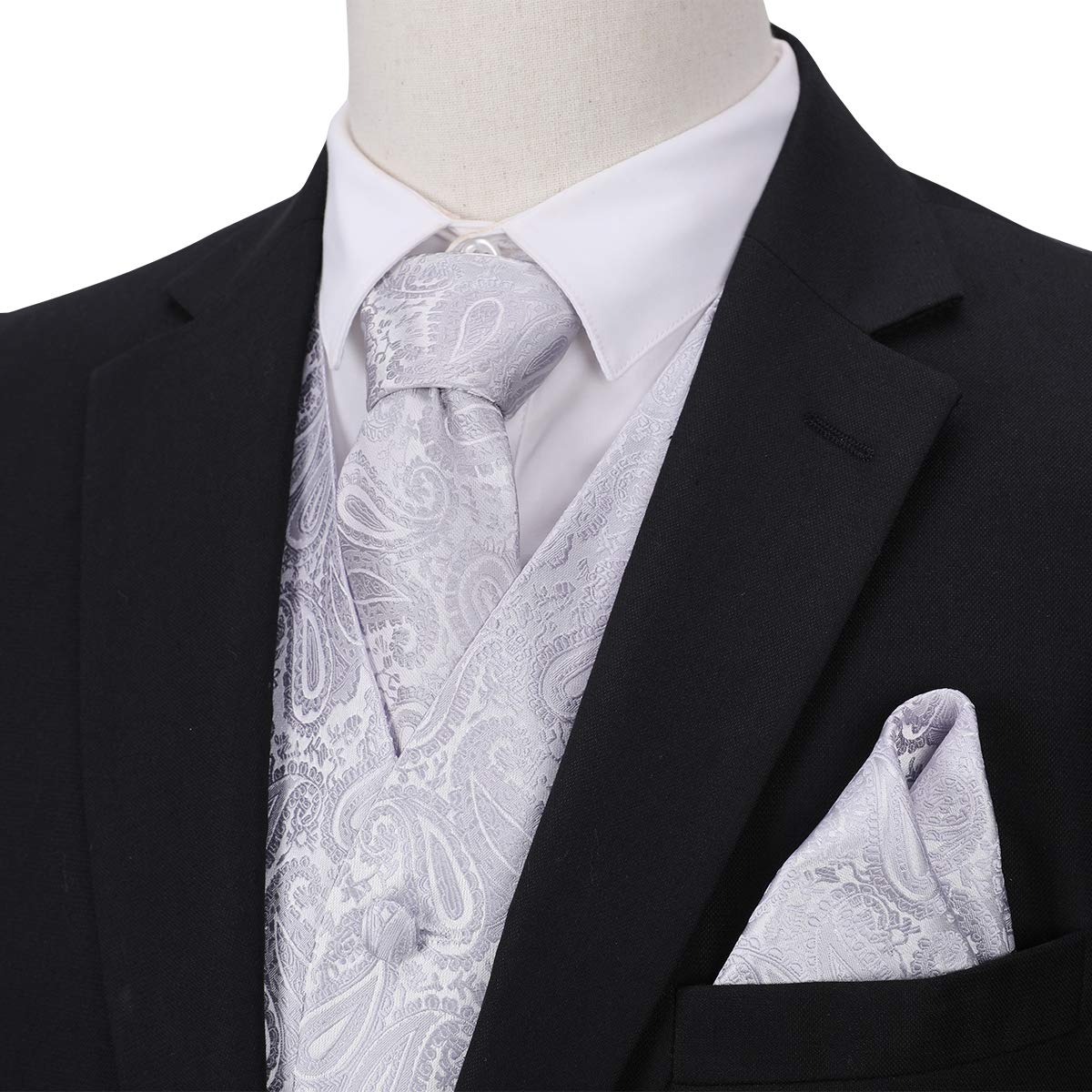 YFFUSHI Men's 3pc Vest Set Floral Waistcoat Necktie Pocket Square Grey