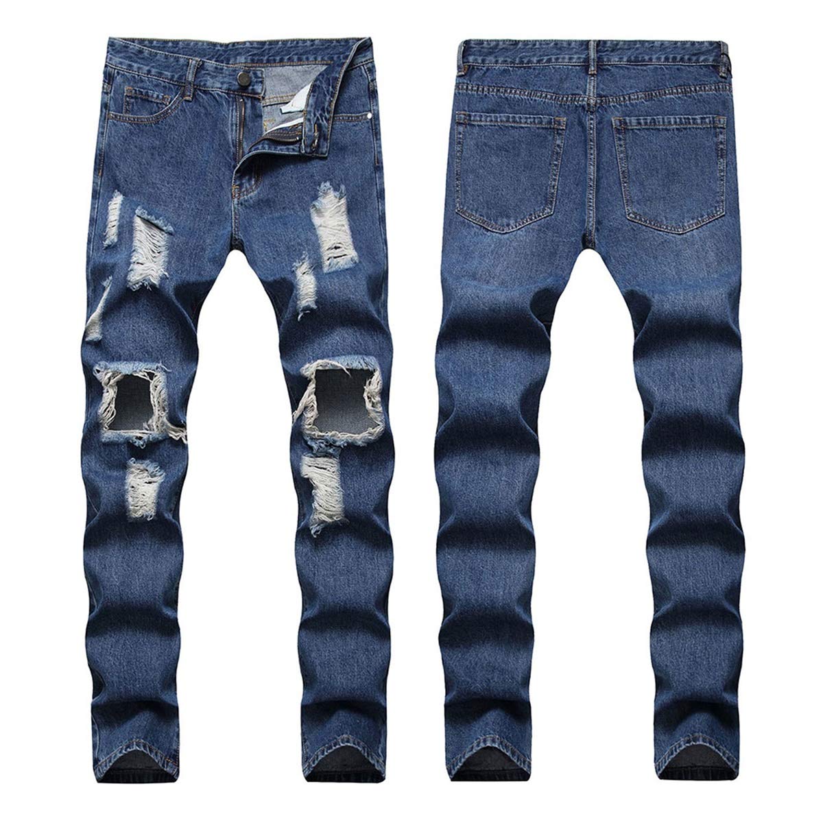 YFFUSHI Men's Ripped Distressed Destroyed Slim Fit Straight Leg Fold Denim Jeans Dark Blue