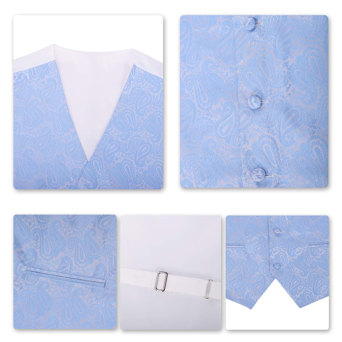 YFFUSHI Men's 3pc Vest Set Floral Waistcoat Necktie Pocket Square Light Blue