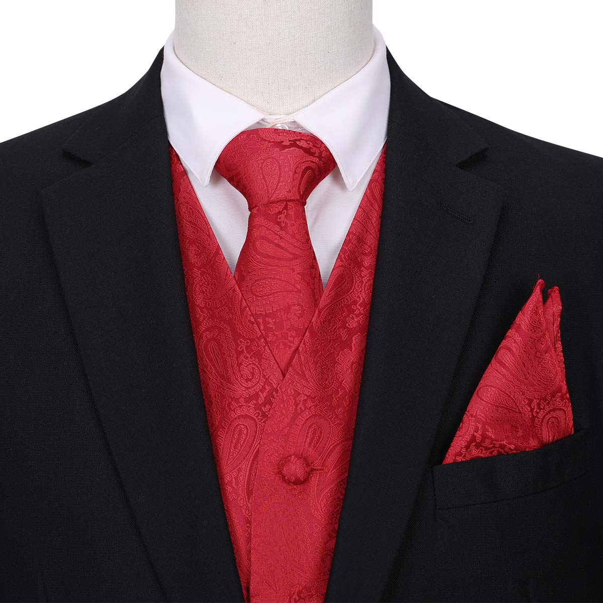 YFFUSHI Men's 3pc Vest Set Floral Waistcoat Necktie Pocket Square Red