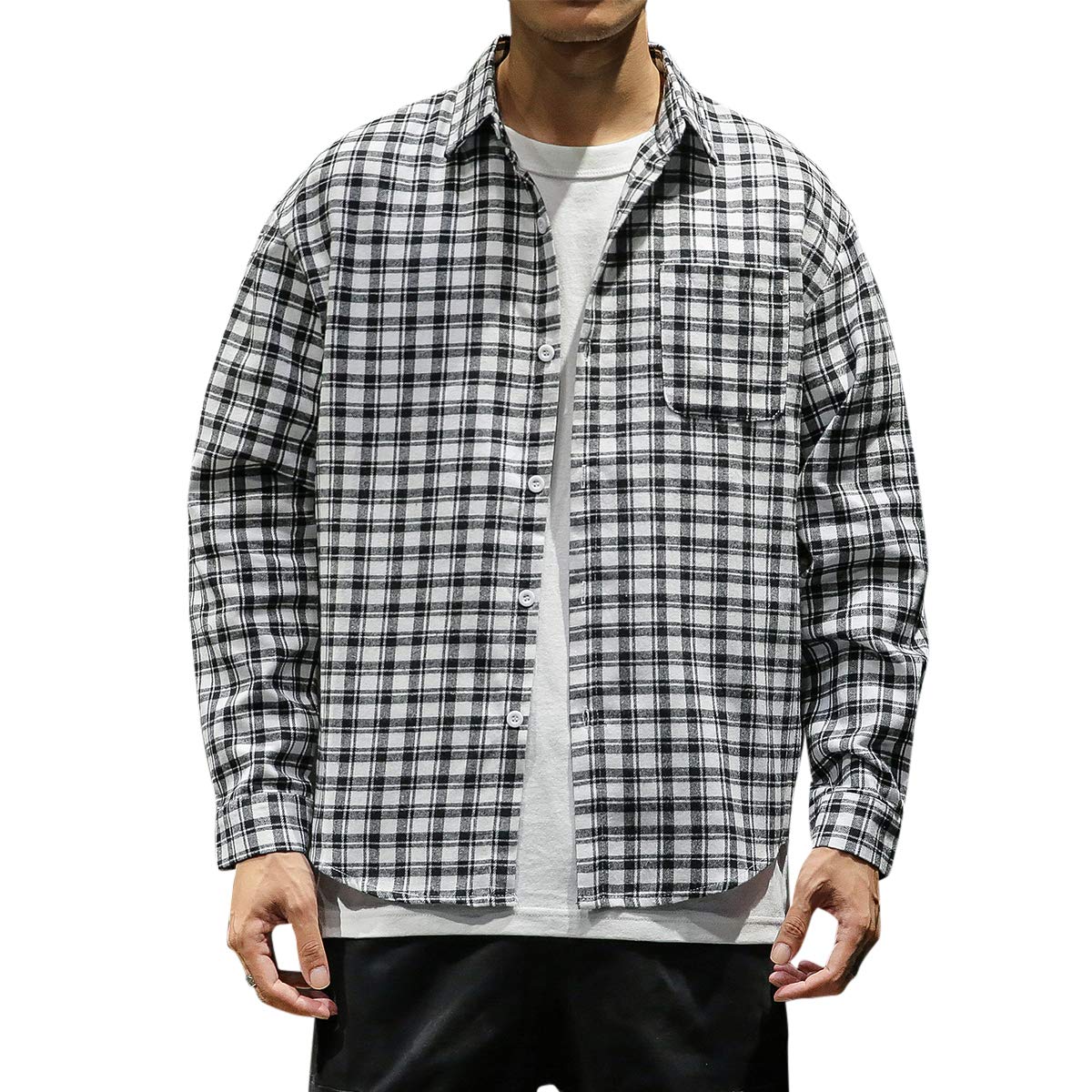 YFFUSHI Mens Plaid Checked Shirt Long Sleeve Casual Regular Fit Cotton Comfort Top Black