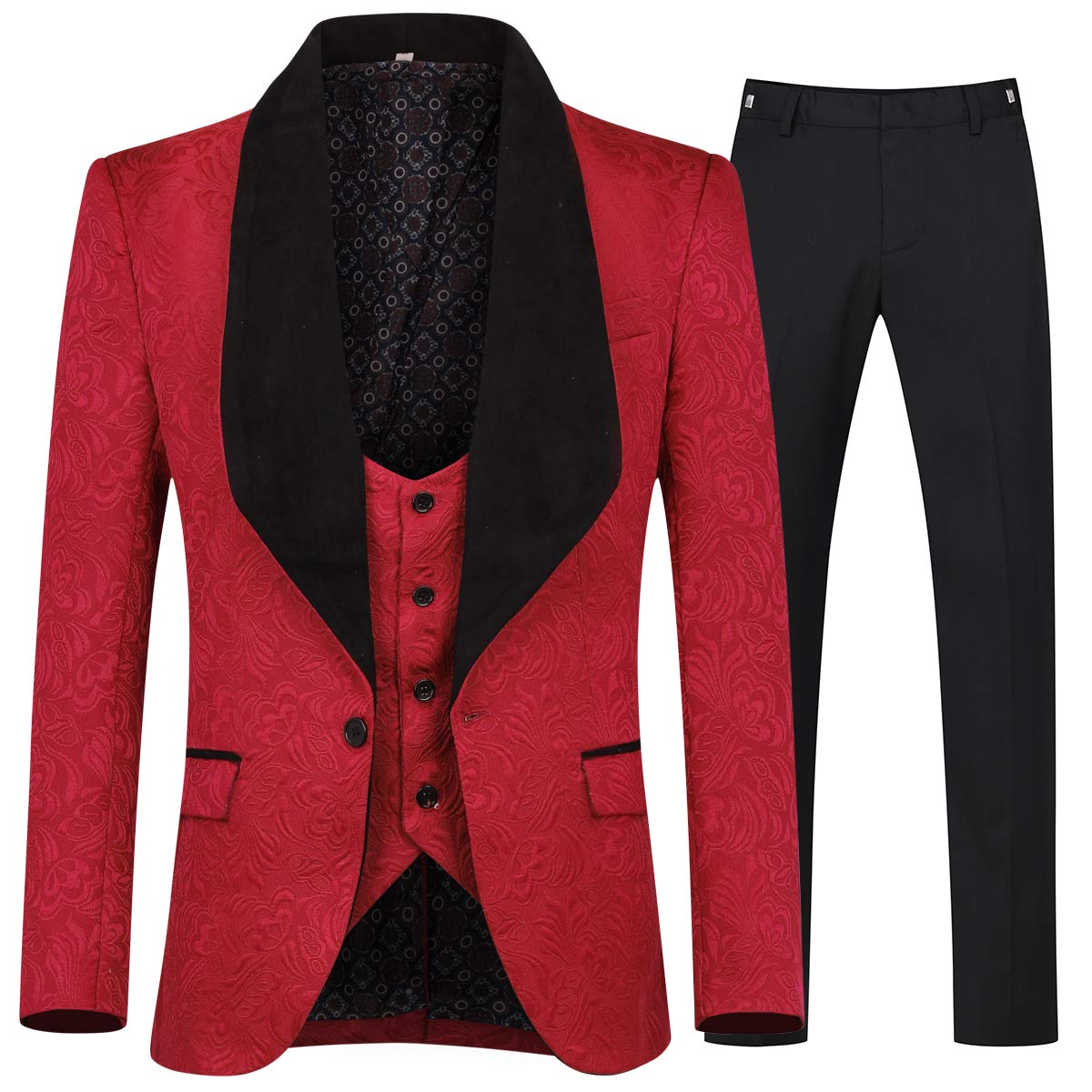 YFFUSHI Men's 3 Piece Suit Jacquard Tuxedo One Button Shawl Collar Red