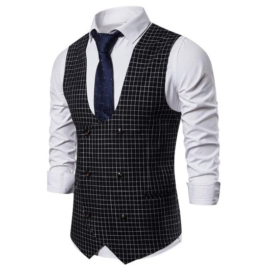 YFFUSHI Mens Casual Plaid Suit Vest Slim Fit U Neck Business Dress Premium Waistcoat Black