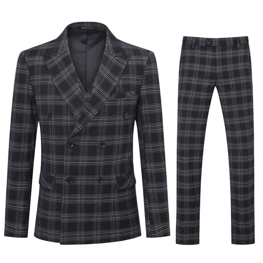 YFFUSHI Mens Plaid 3 Piece Suits Double Breasted Retro Slim Dress Gray Black