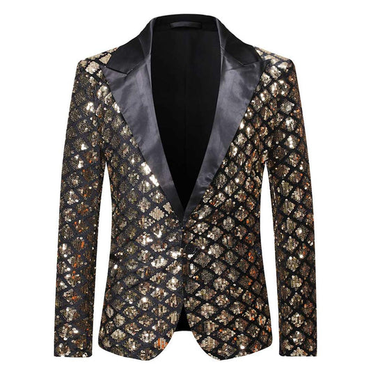 YFFUSHI Men's Sequins Suit Jacket 1 Button Dance Shiny Dress Tuxedo Blazer Gold