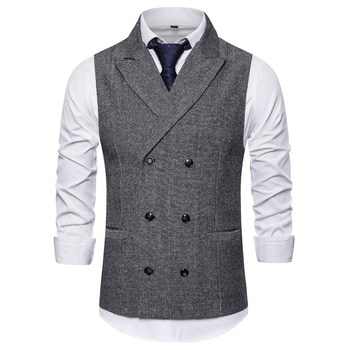 YFFUSHI Mens Slim Fit Stripes Double Breasted Premium Button Down Vest Light Gray