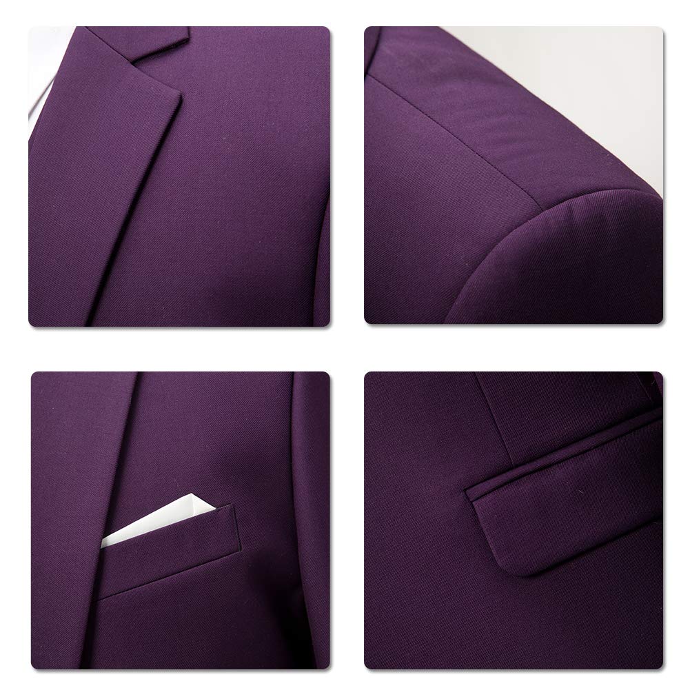 YFFUSHI Mens Slim Fit Classic Fit One Button 3-Piece Suits Purple