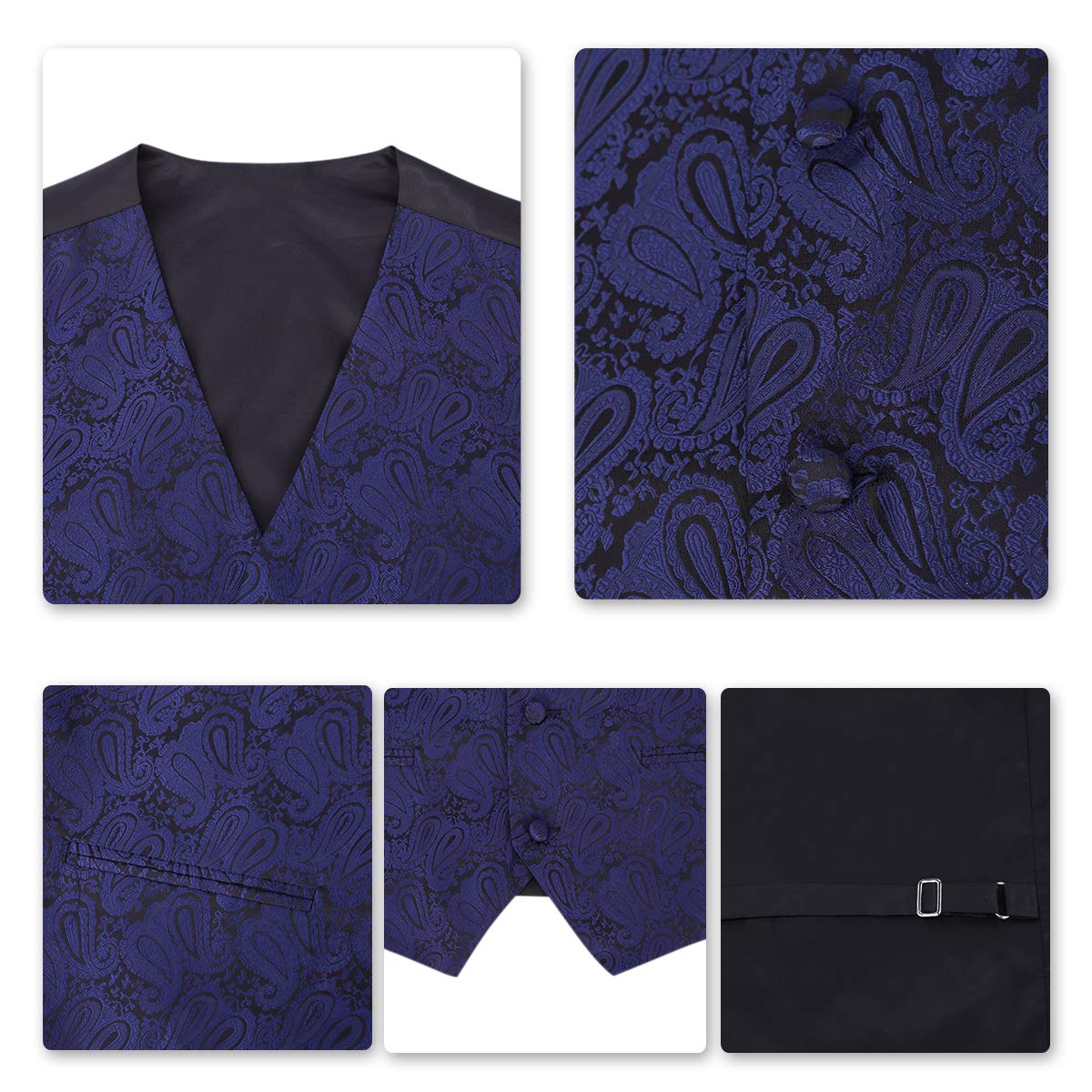 YFFUSHI Men's 3pc Vest Set Floral Waistcoat Necktie Pocket Square Navy