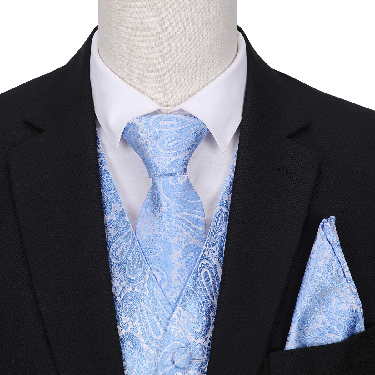 YFFUSHI Men's 3pc Vest Set Floral Waistcoat Necktie Pocket Square Light Blue