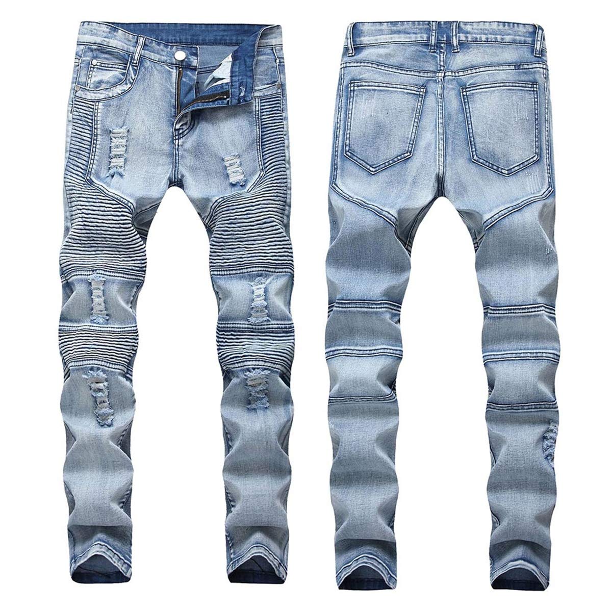 YFFUSHI Men's Distressed Ripped Jeans Long Straight Slim Fit Denim Jeans Casual Pants Trousers Blue