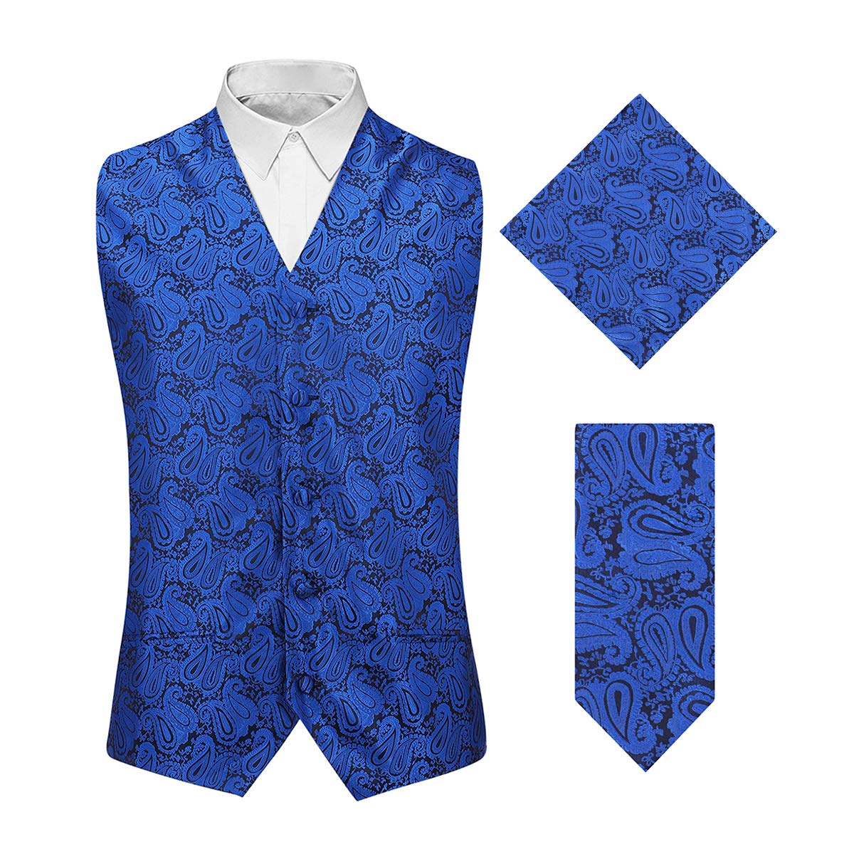 YFFUSHI Men's 3pc Vest Set Floral Waistcoat Necktie Pocket Square Blue