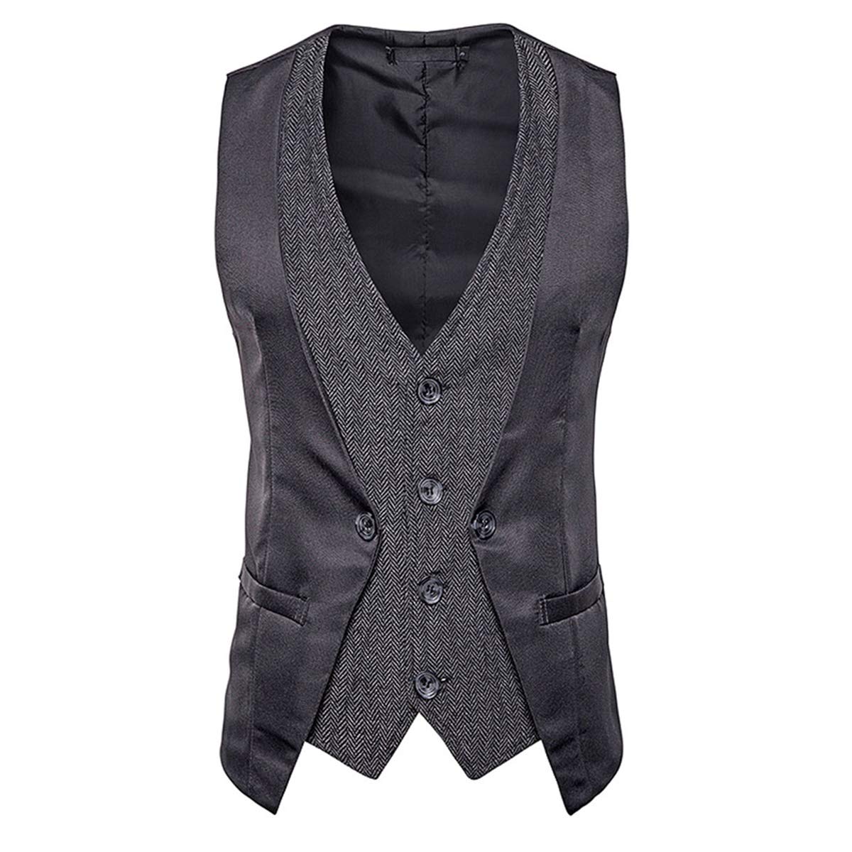 YFFUSHI Men's Layered Herringbone Suit Vest Waistcoat Dark Grey