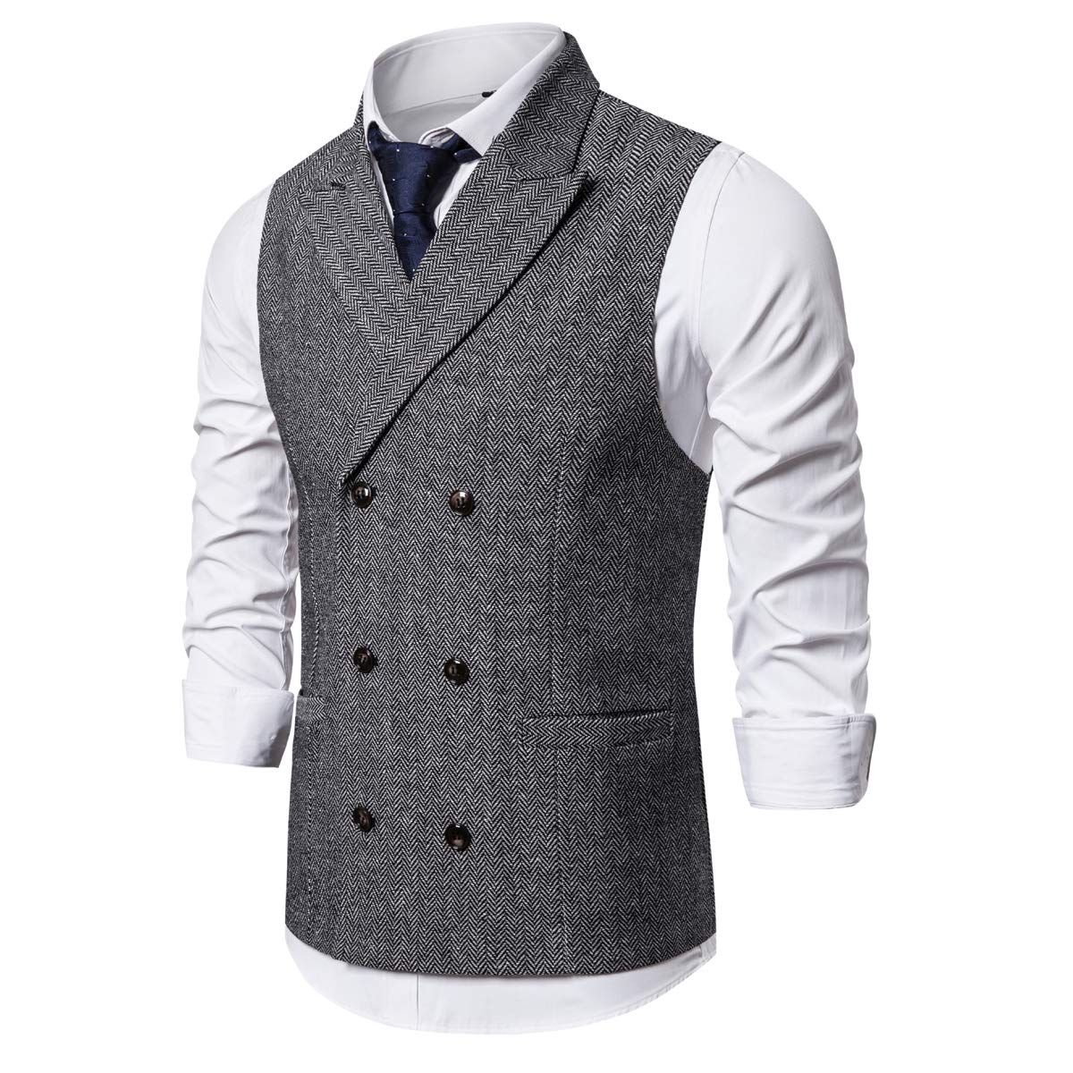 YFFUSHI Mens Slim Fit Stripes Double Breasted Premium Button Down Vest Light Gray