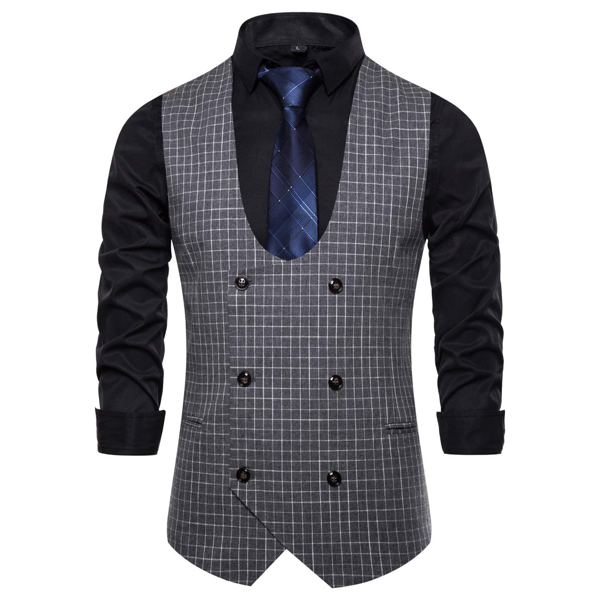 YFFUSHI Mens Casual Plaid Suit Vest Slim Fit U Neck Business Dress Premium Waistcoat Grey