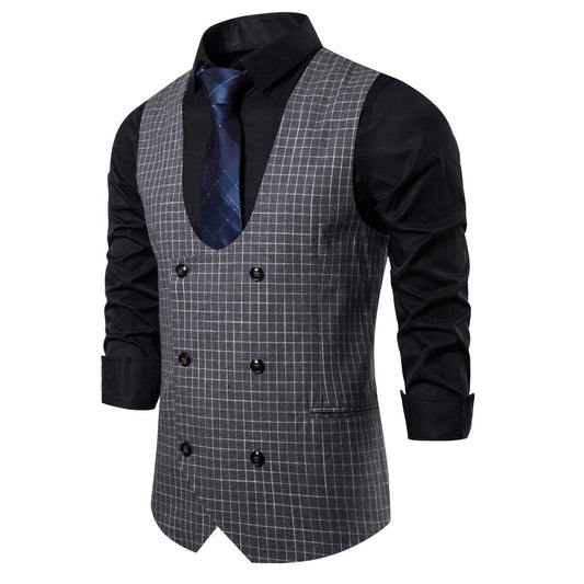 YFFUSHI Mens Casual Plaid Suit Vest Slim Fit U Neck Business Dress Premium Waistcoat Grey