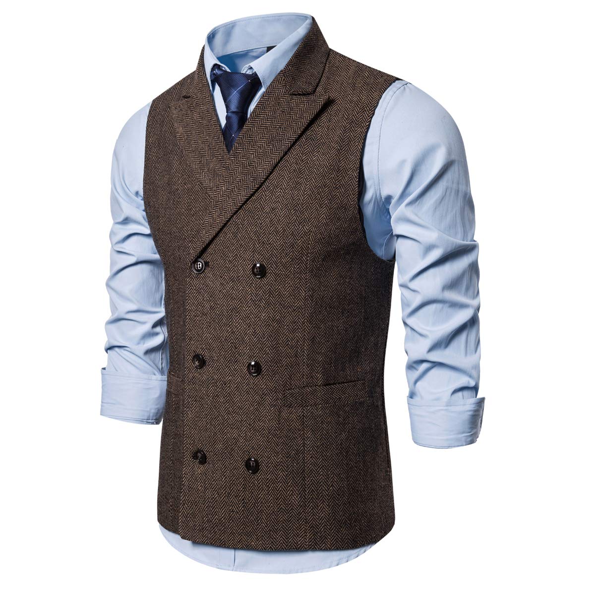 YFFUSHI Mens Slim Fit Stripes Double Breasted Premium Button Down Vest Coffee