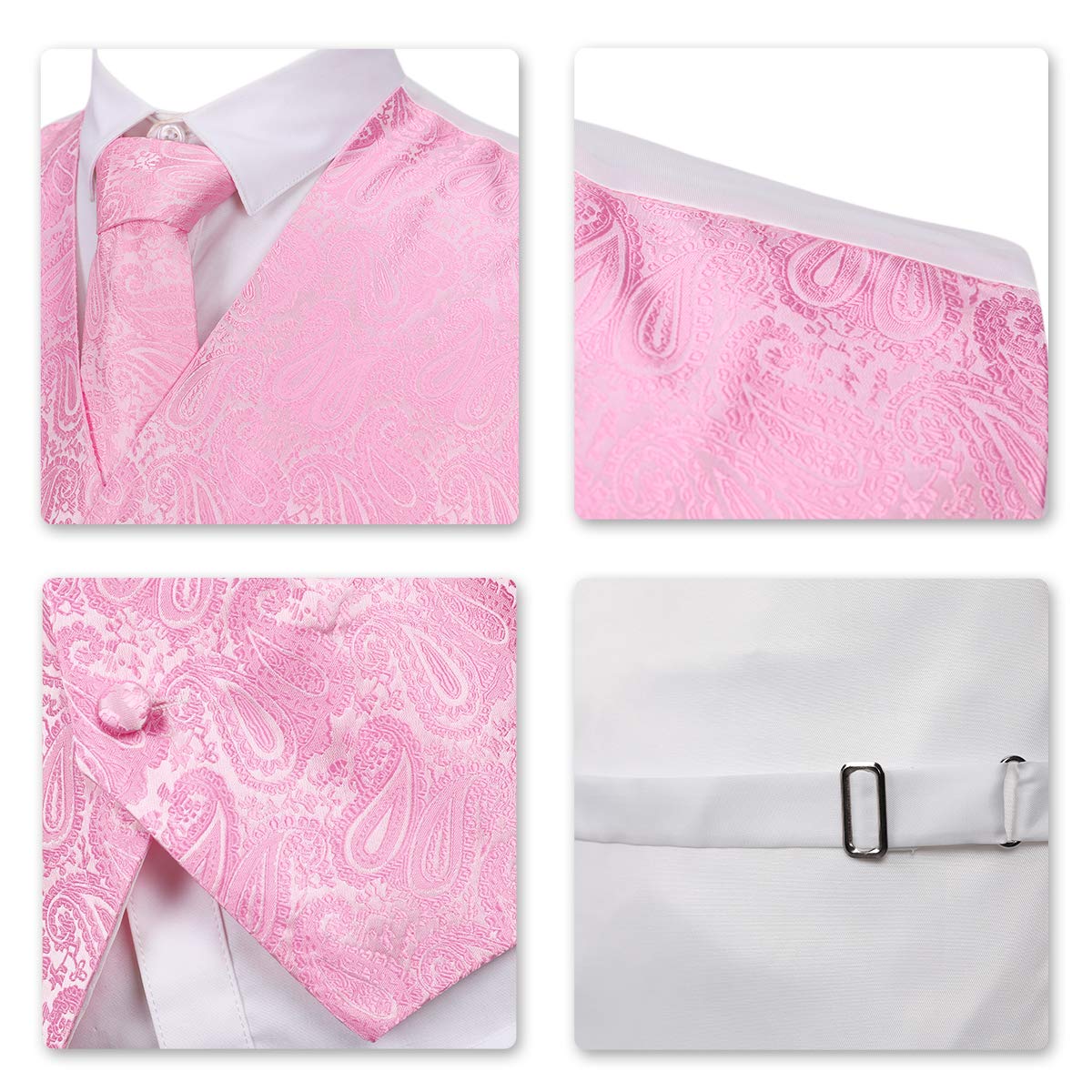 YFFUSHI Men's 3pc Vest Set Floral Waistcoat Necktie Pocket Square Pink