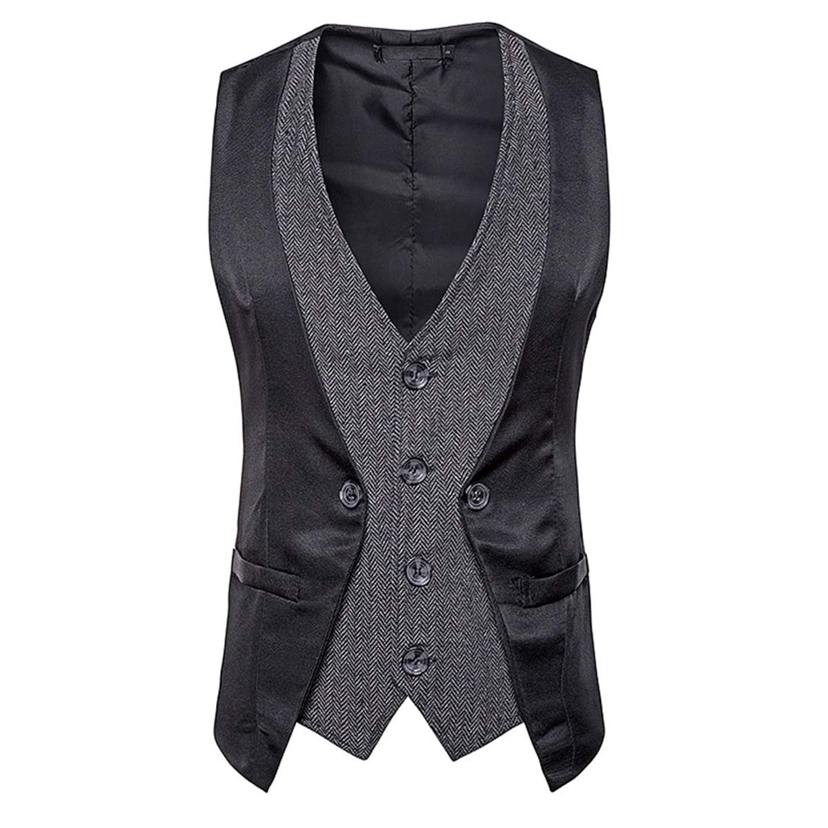 YFFUSHI Men's Layered Herringbone Suit Vest Waistcoat Black