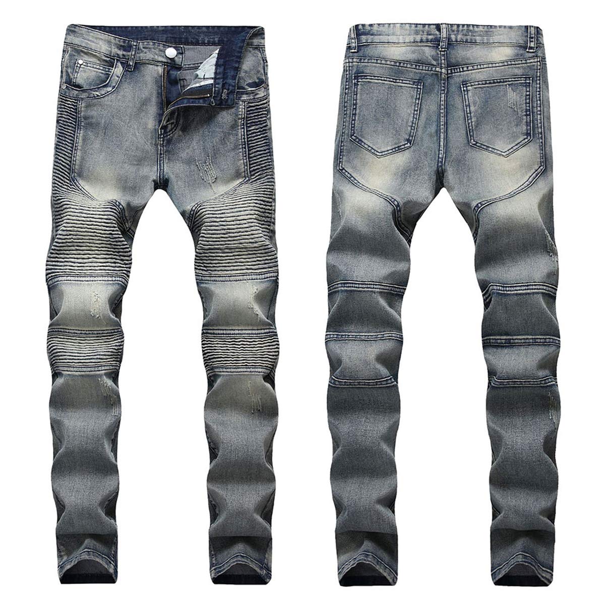 YFFUSHI Men's Distressed Ripped Jeans Long Straight Slim Fit Denim Jeans Casual Pants Trousers Blue&grey