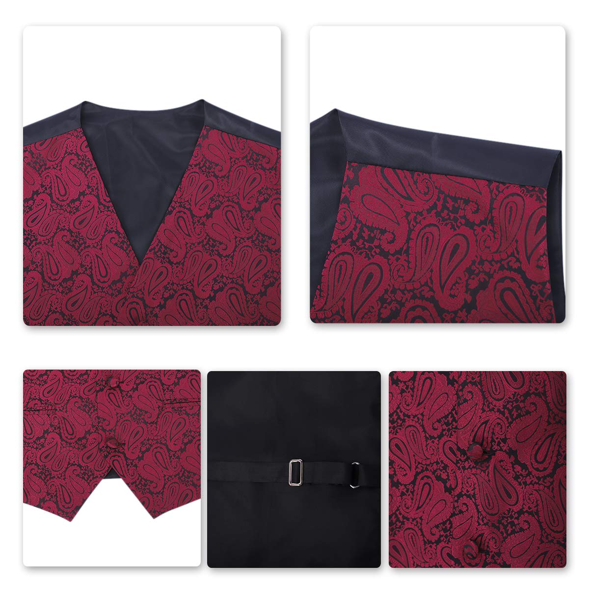 YFFUSHI Men's 3pc Vest Set Floral Waistcoat Necktie Pocket Square Wine Red