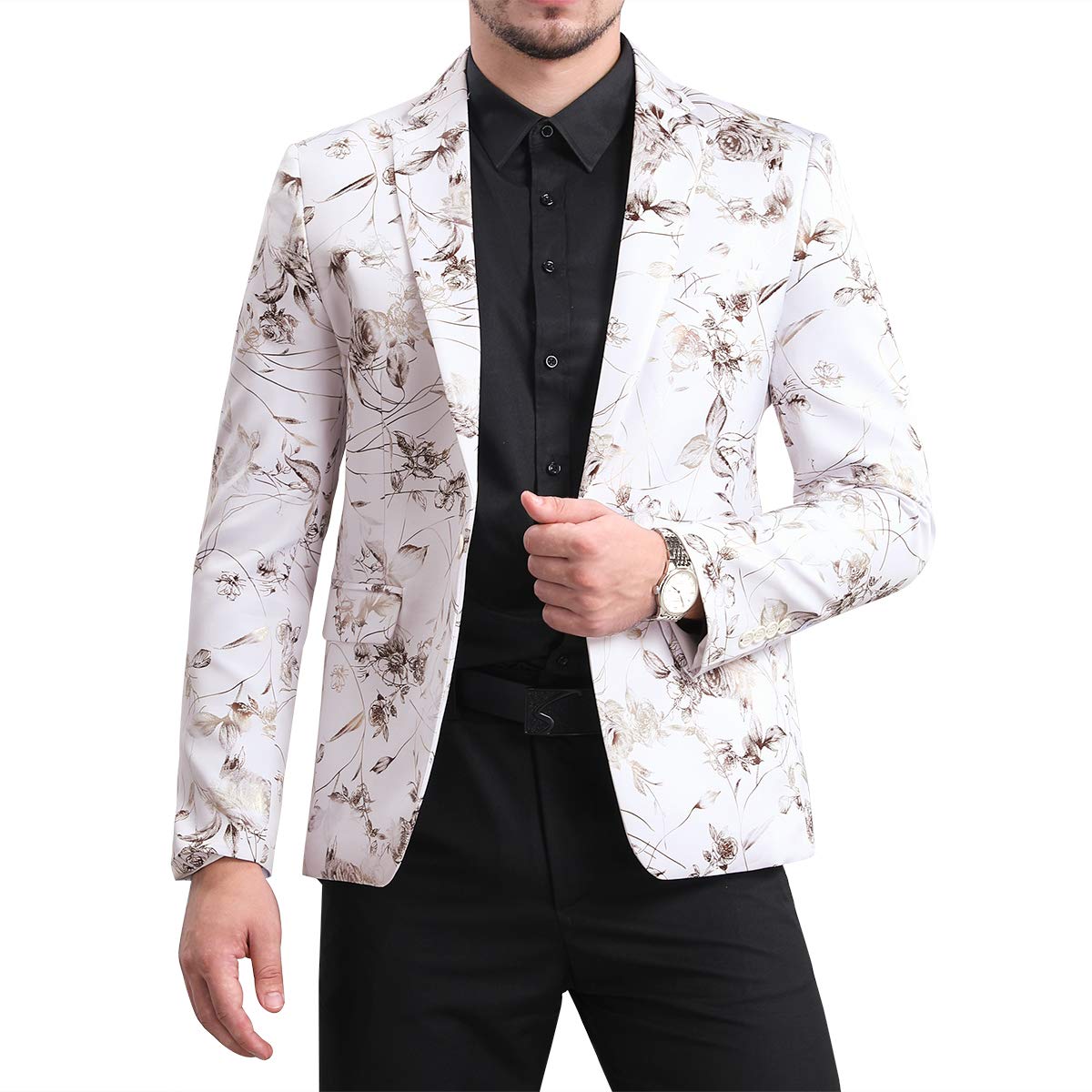 YFFUSHI Mens Dress Floral Suit Slim Fit Stylish Casual Printed Blazer White 2