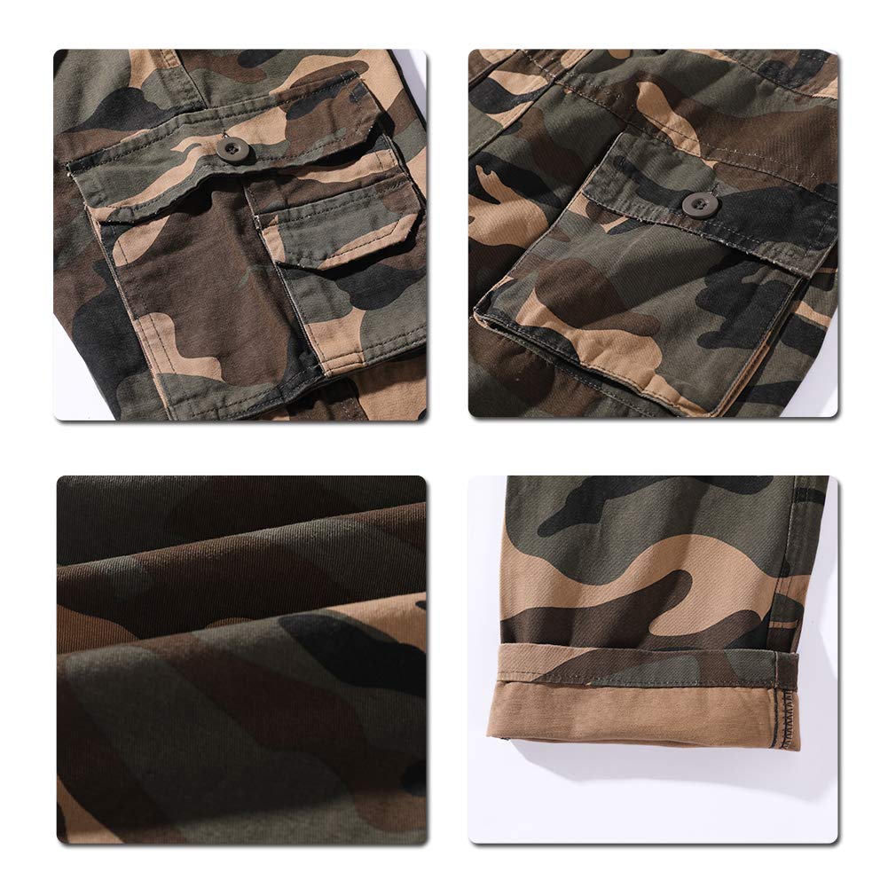 YFFUSHI Mens Camo Cargo Pants Cotton Casual Straight Leg Work Pants with Multi Pockets K18 Camo Green