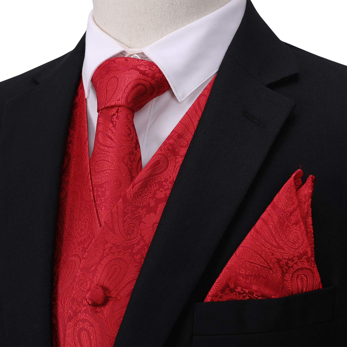 YFFUSHI Men's 3pc Vest Set Floral Waistcoat Necktie Pocket Square Red