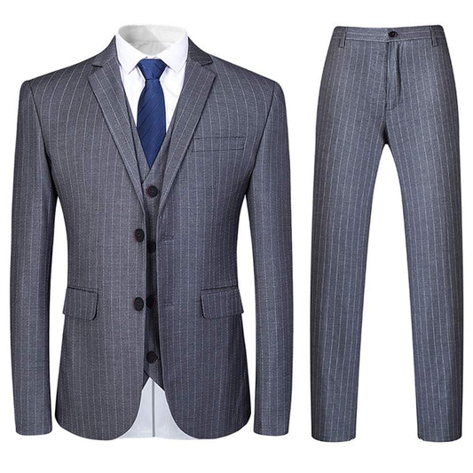 Mens Grey Formal Pinstripe Slim Fit Notched Lapel 3 Piece Suit