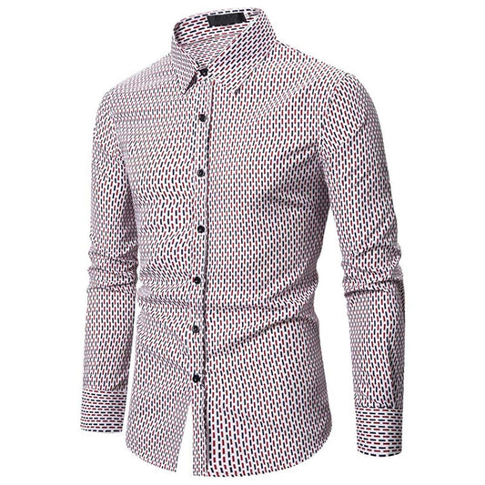 YFFUSHI Mens Long Sleeve Casual Shirt Dots Printed Button Down Regular Fit Dress Shirt Red