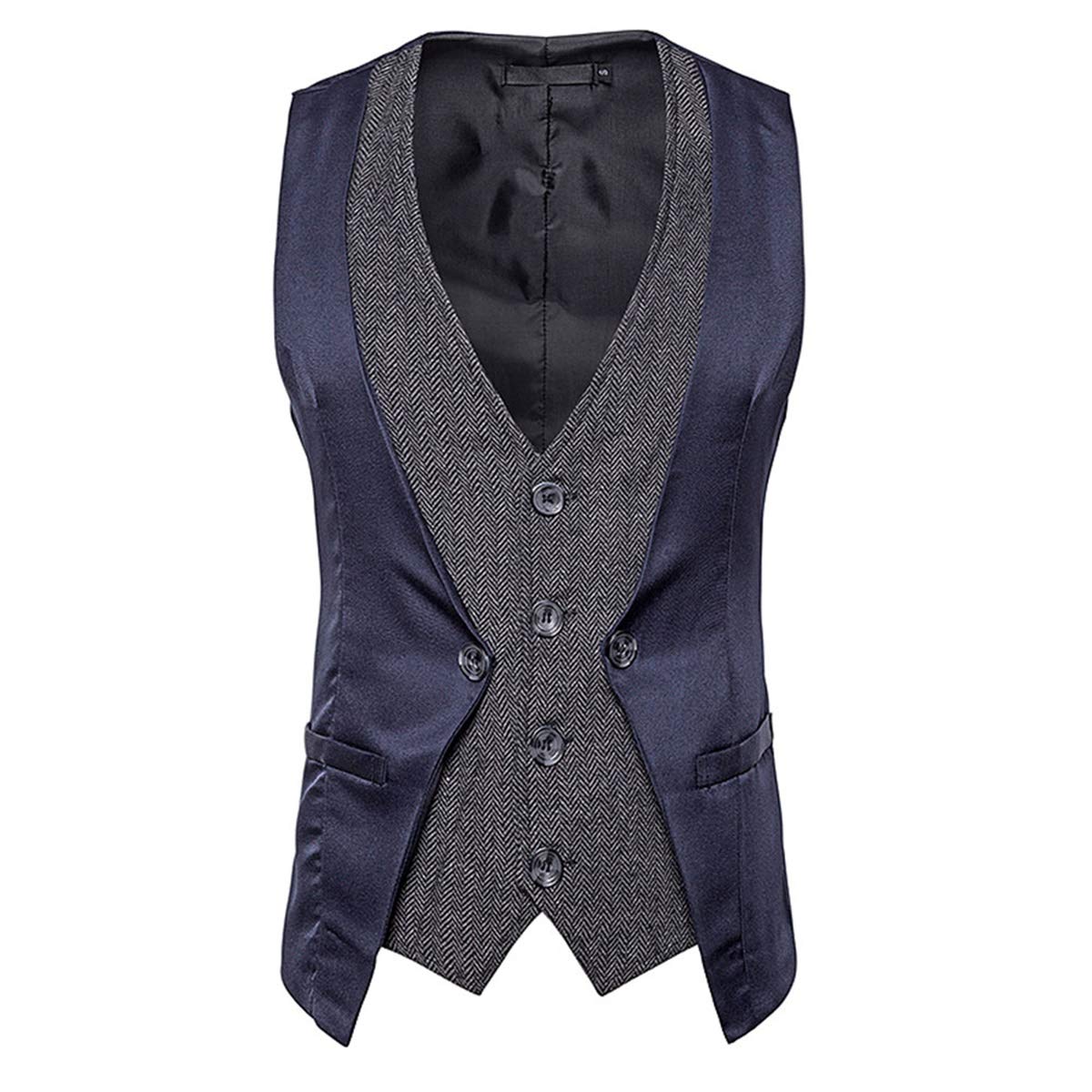 YFFUSHI Men's Layered Herringbone Suit Vest Waistcoat Navy