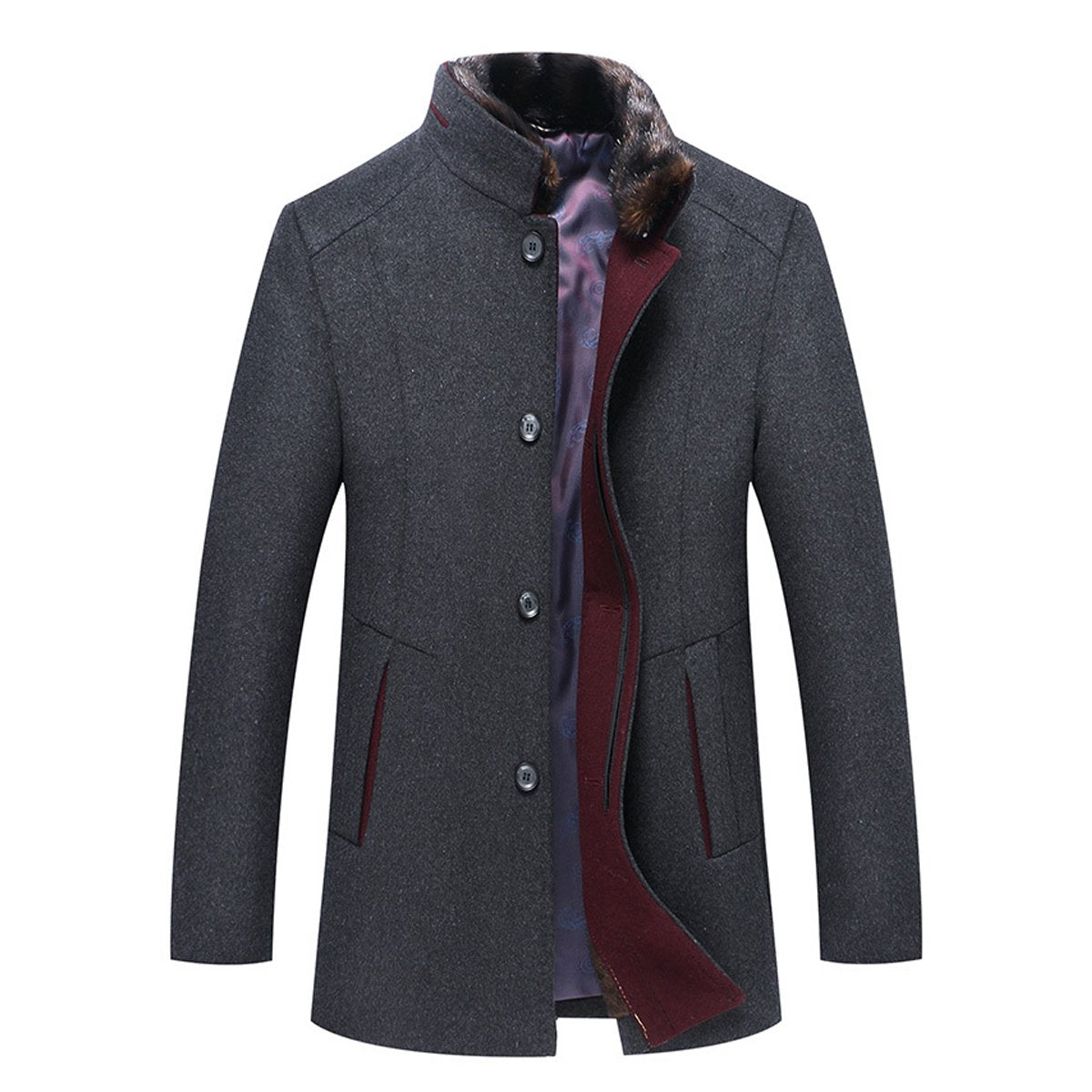 YFFUSHI Mens Wool Blend Coat Thick Warm Winter Casual Overcoat with Removable Fur Collar Gray