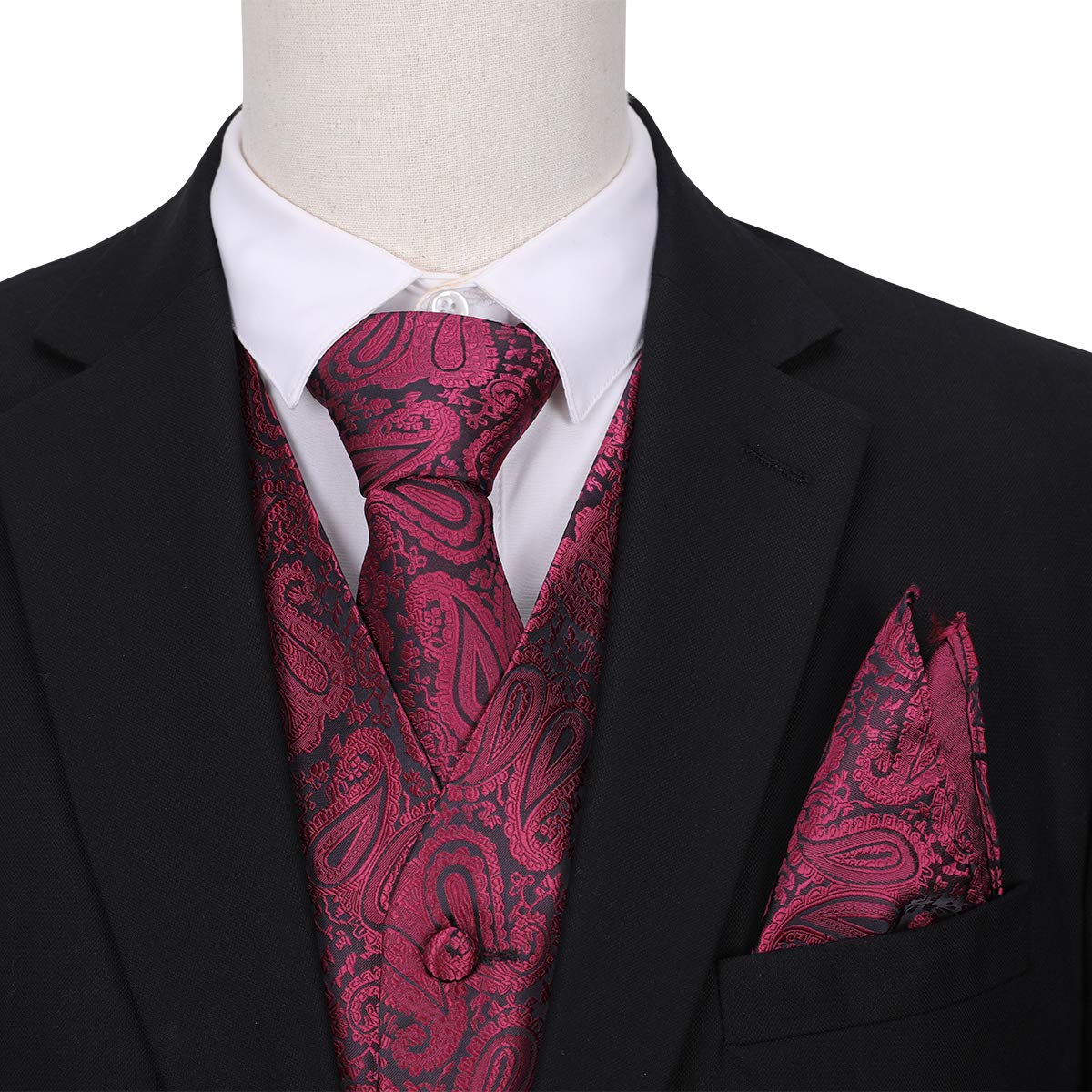 YFFUSHI Men's 3pc Vest Set Floral Waistcoat Necktie Pocket Square Wine Red