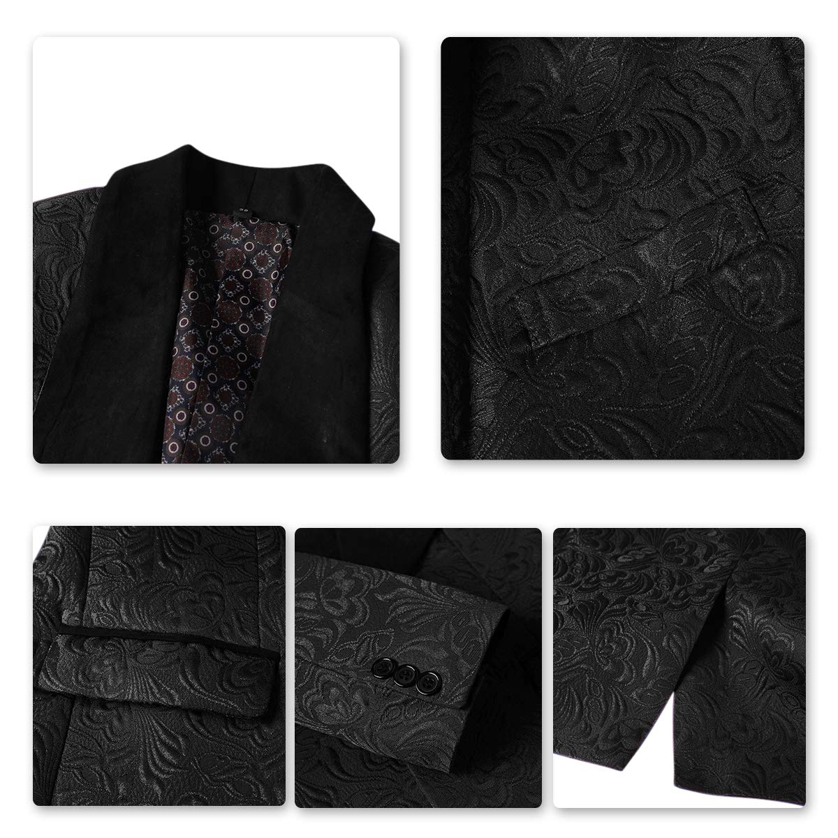 YFFUSHI Men's 3 Piece Suit Jacquard Tuxedo One Button Shawl Collar Black