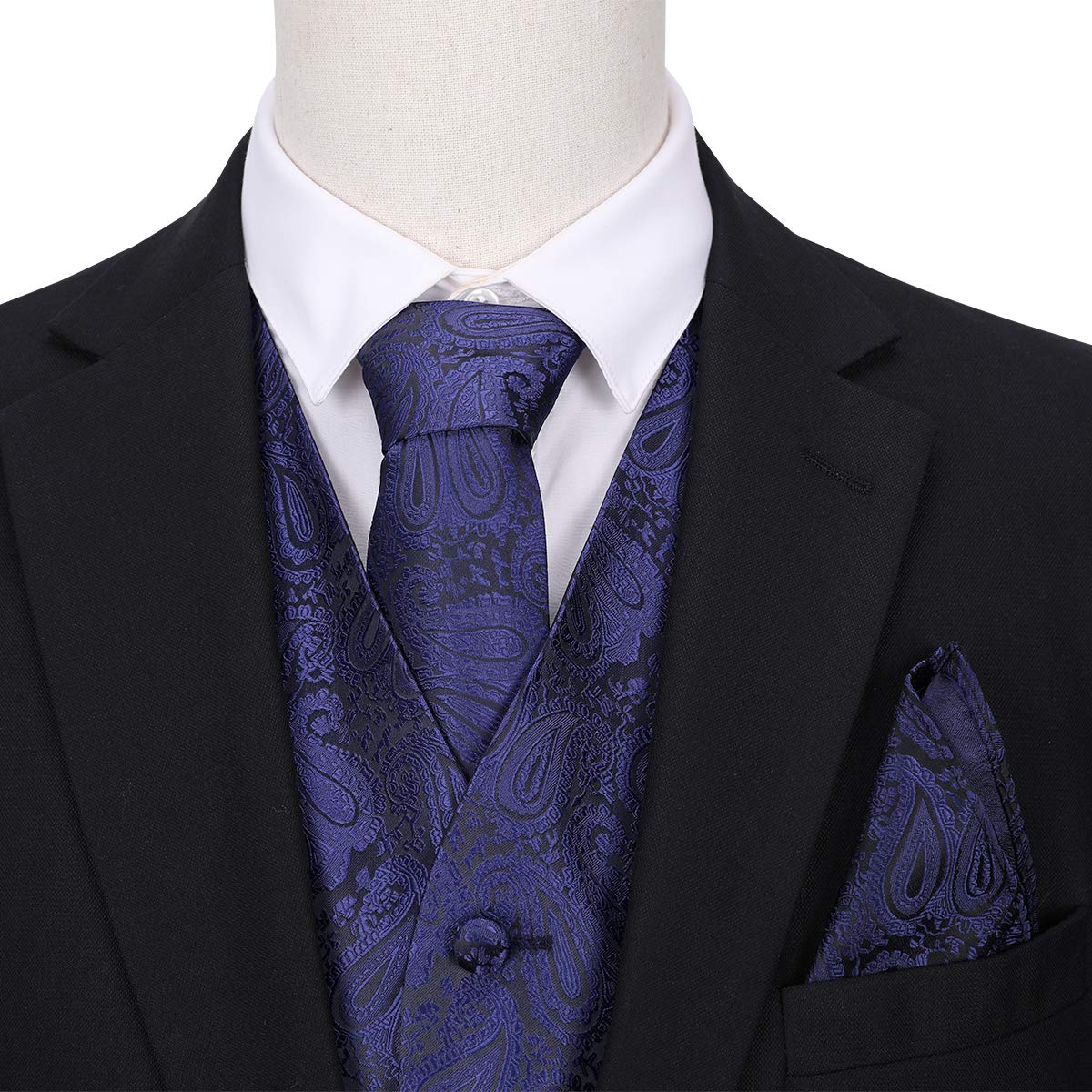 YFFUSHI Men's 3pc Vest Set Floral Waistcoat Necktie Pocket Square Navy