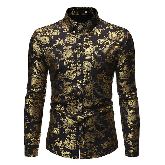 YFFUSHI Men's Flowered Printed Shirt Slim Fit Long Sleeve Dress Button Down Shirt Black