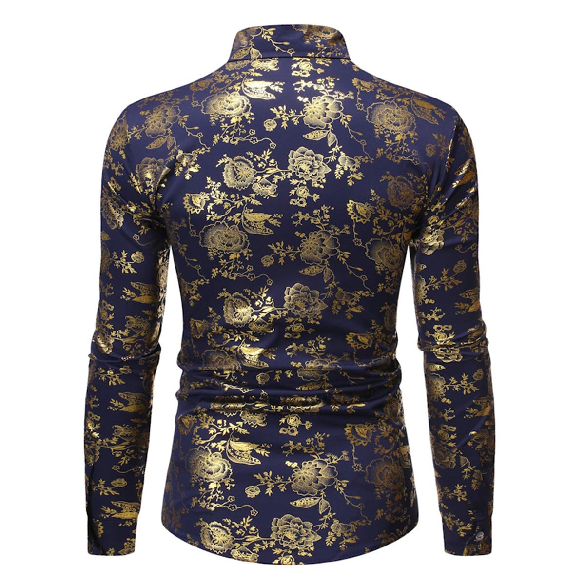 YFFUSHI Men's Flowered Printed Shirt Slim Fit Long Sleeve Dress Button Down Shirt Navy