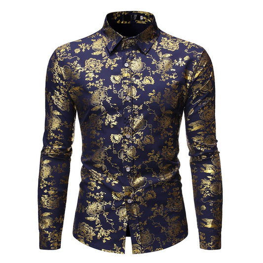 YFFUSHI Men's Flowered Printed Shirt Slim Fit Long Sleeve Dress Button Down Shirt Navy