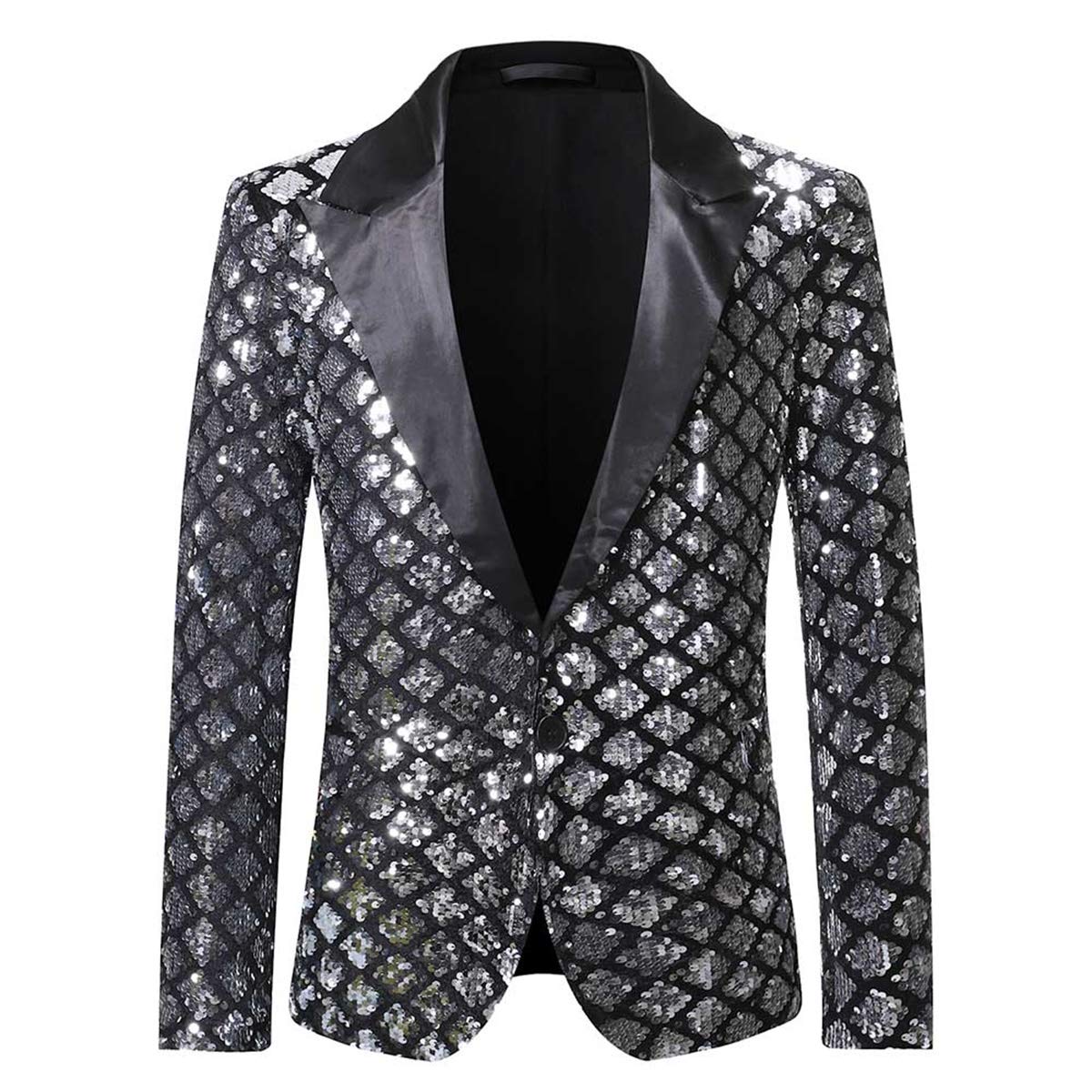 YFFUSHI Men's Sequins Suit Jacket 1 Button Dance Shiny Dress Tuxedo Blazer Silver