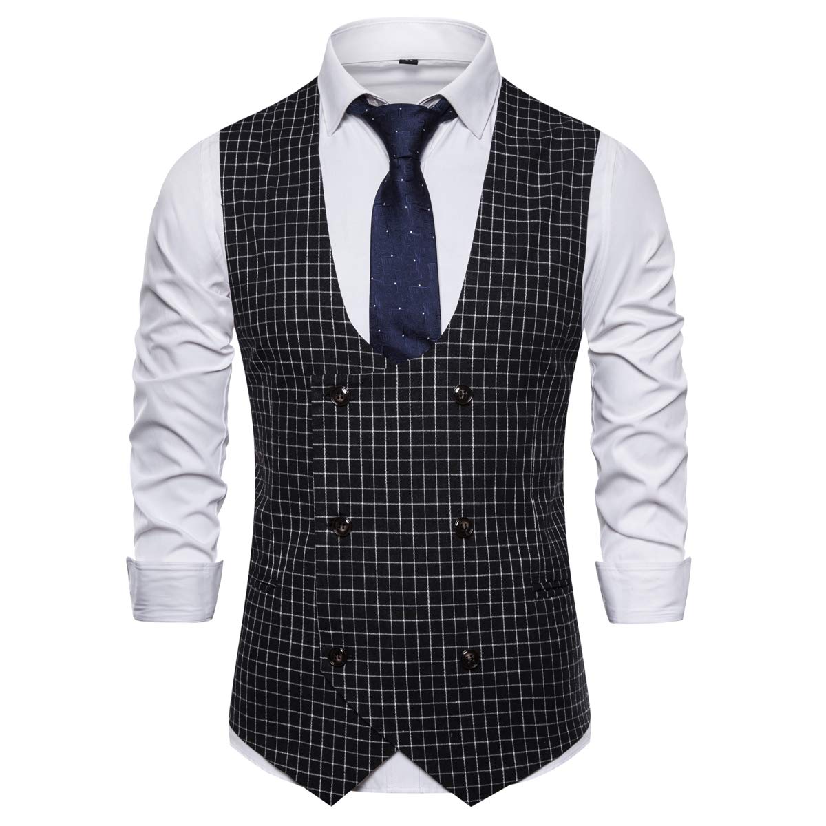 YFFUSHI Mens Casual Plaid Suit Vest Slim Fit U Neck Business Dress Premium Waistcoat Black