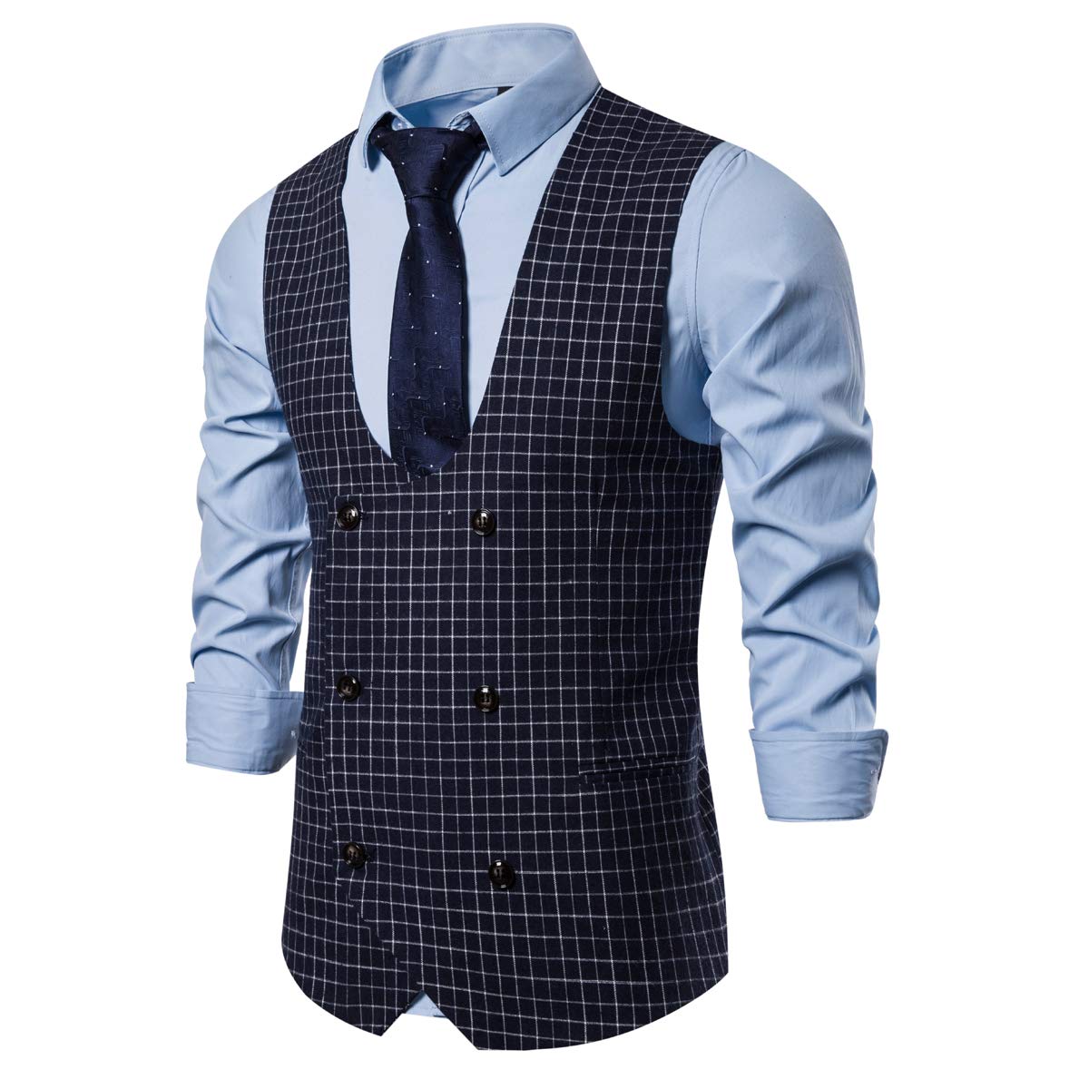 YFFUSHI Mens Casual Plaid Suit Vest Slim Fit U Neck Business Dress Premium Waistcoat Navy