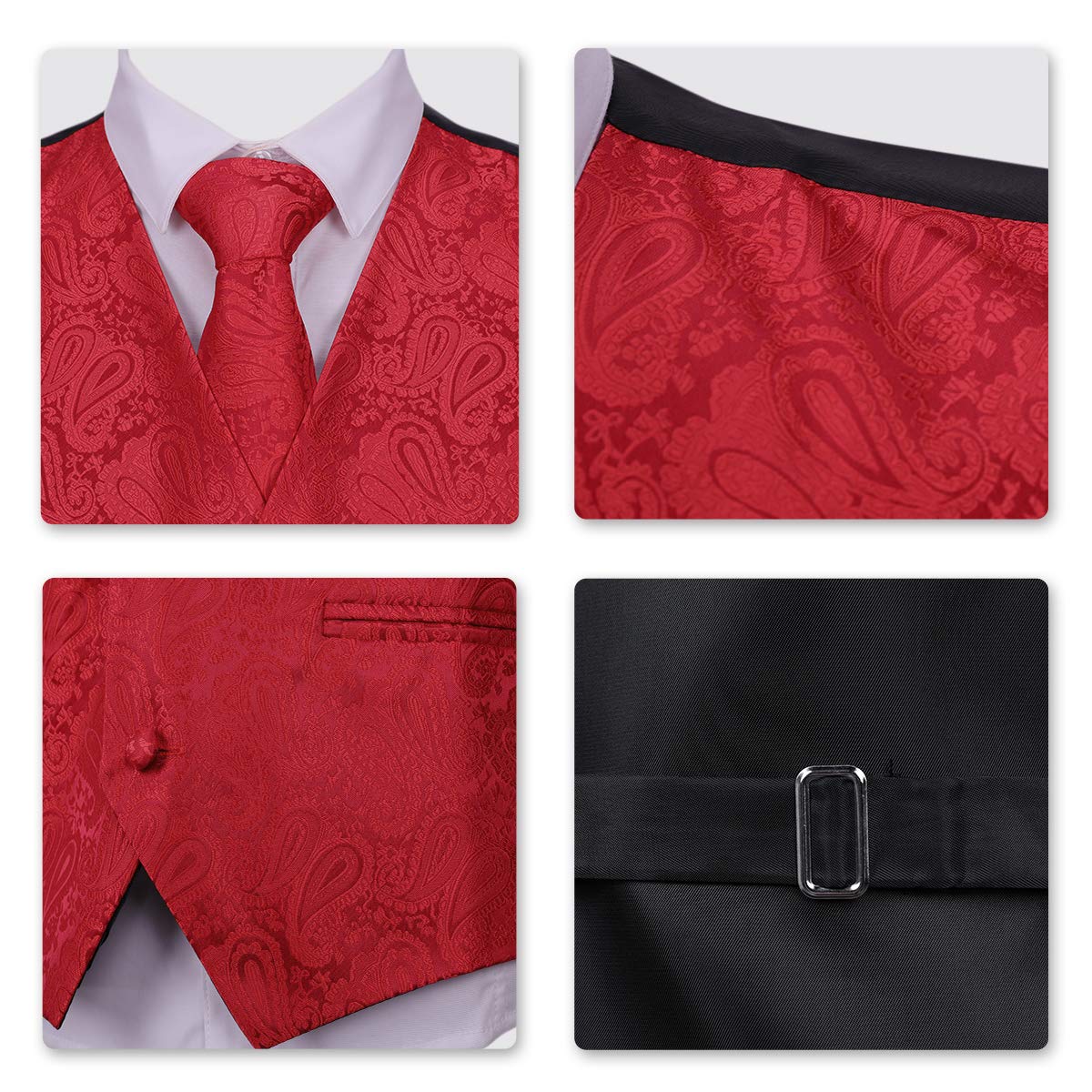 YFFUSHI Men's 3pc Vest Set Floral Waistcoat Necktie Pocket Square Red