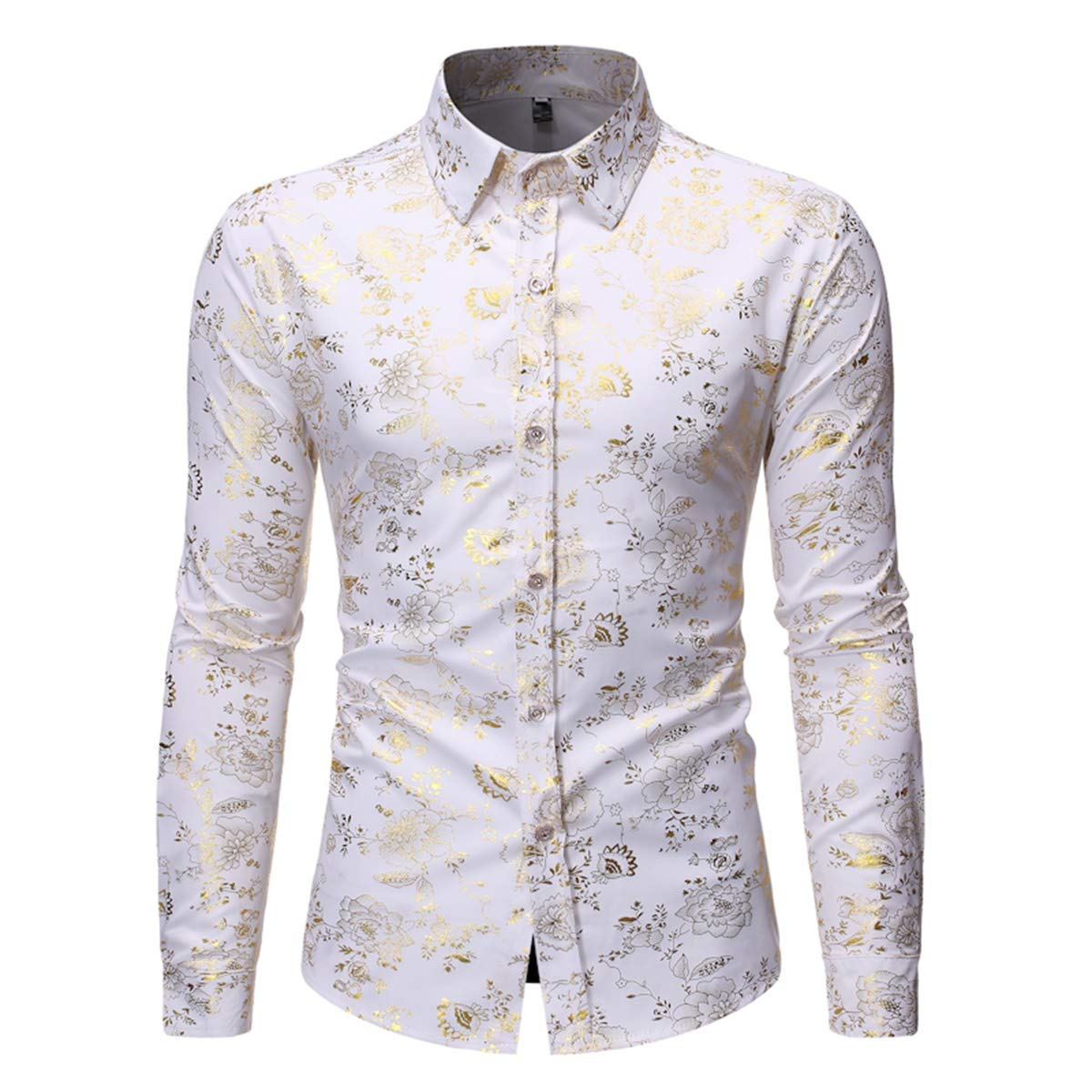 YFFUSHI Men's Flowered Printed Shirt Slim Fit Long Sleeve Dress Button Down Shirt White