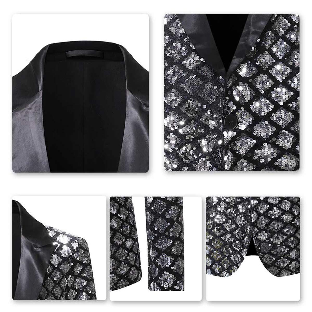 YFFUSHI Men's Sequins Suit Jacket 1 Button Dance Shiny Dress Tuxedo Blazer Silver