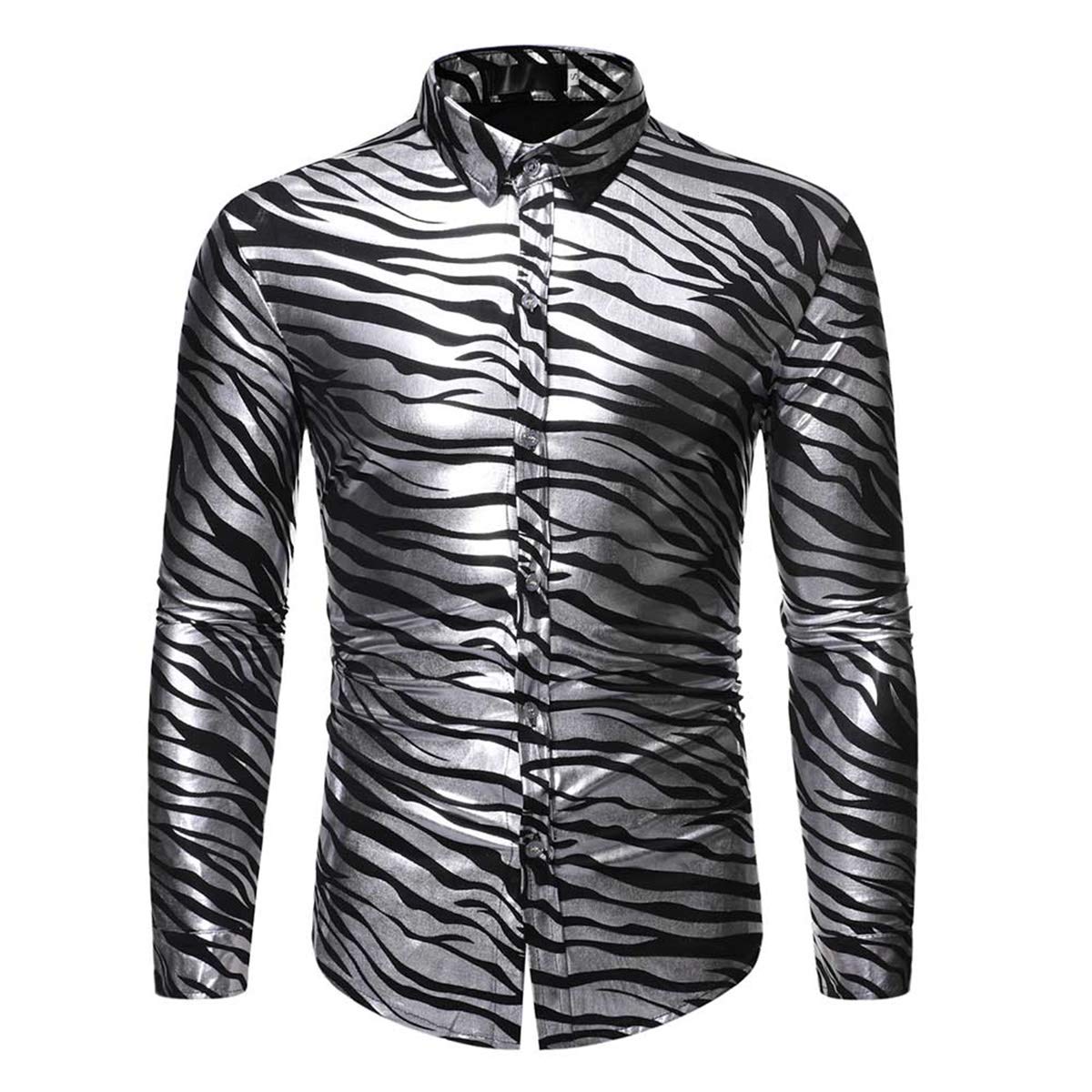 YFFUSHI Mens Casual Long Sleeve Shirt Hot Stamping Luxury Floral Button Down Tops Blouses Silver