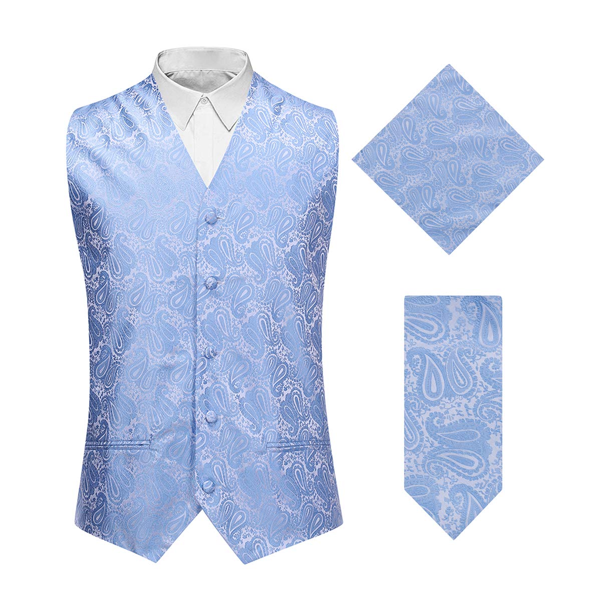 YFFUSHI Men's 3pc Vest Set Floral Waistcoat Necktie Pocket Square Light Blue