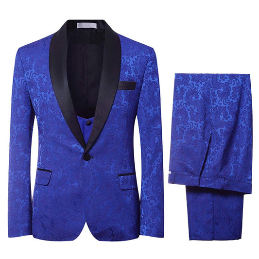 YFFUSHI Men's Elegant Jacquard 3 Piece Suit Slim Fit Royal Tuxedo Blue