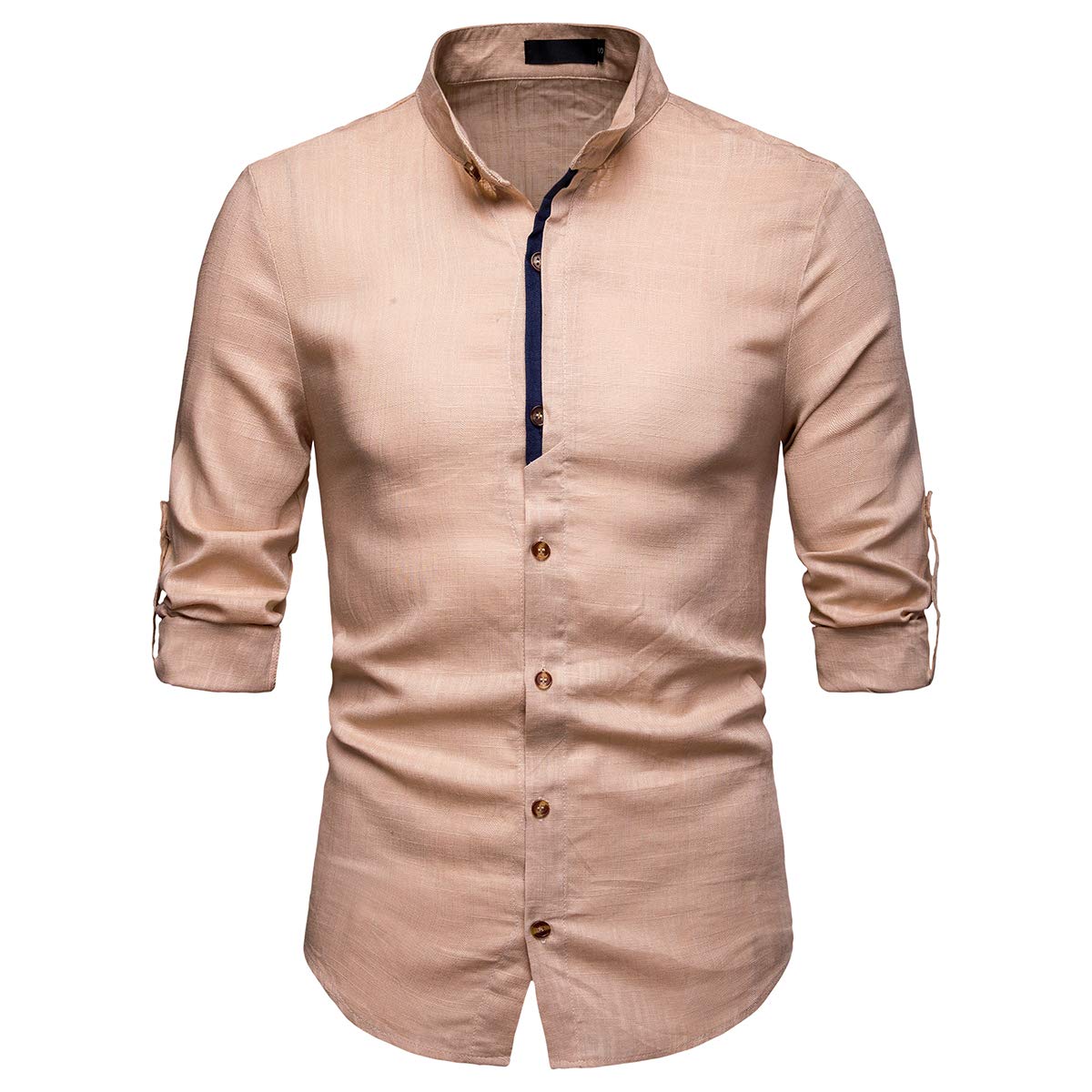 YFFUSHI Mens Long Sleeve Linen Shirts Standard fit Solid Color Casual Button Down Shirts Khaki