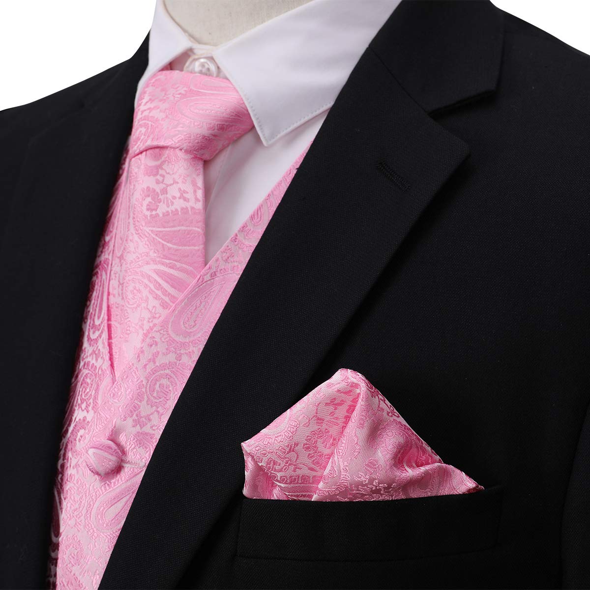 YFFUSHI Men's 3pc Vest Set Floral Waistcoat Necktie Pocket Square Pink